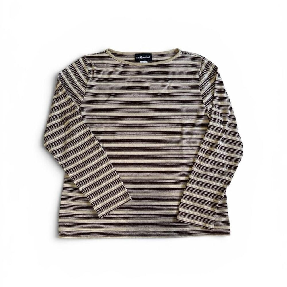 Sag Harbor Striped Boatneck Top Women’s Large Burgundy Tan 90s Vintage Preppy